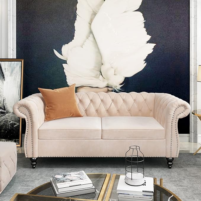 QHITTY Accent Sofa, Chesterfield Loveseat Modern Velvet Couch Upholstered Sofa with Tufted Back for Living Room Furniture (Beige)