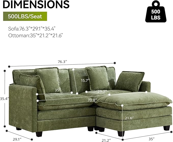UMBFUN Cloud Couch Loveseat with Ottoman, Oversized Comfy Modular Sectional L Shaped Sofa with Deep Seat Cushions, Chenille 2-Seater Lounge Set for Living Room, Green