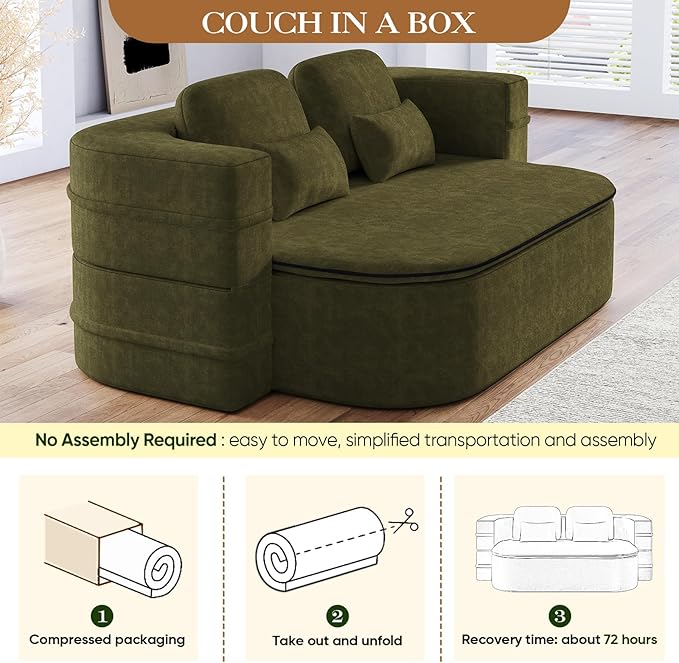 Antetek Convertible Sleeper Sofa, Modern Folding Futon Chenille Floor Foam Compression Loveseat Sofa Bed Couch, Foldable Full Size Guest Bed with 4 Pillows for Living Room Bedroom Apartment, Green