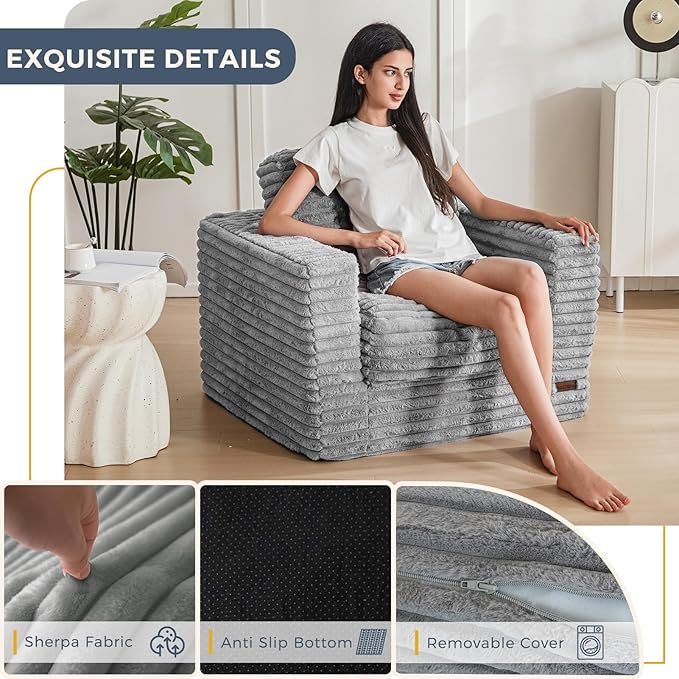 MAXYOYO Giant Bean Bag Chair for Adults, Upholstered Floor Sofa with Pillows and Armrests, Large Bean Bag Sofa Plush Chair Bean Bag Couch for Bedroom Living Room, Grey