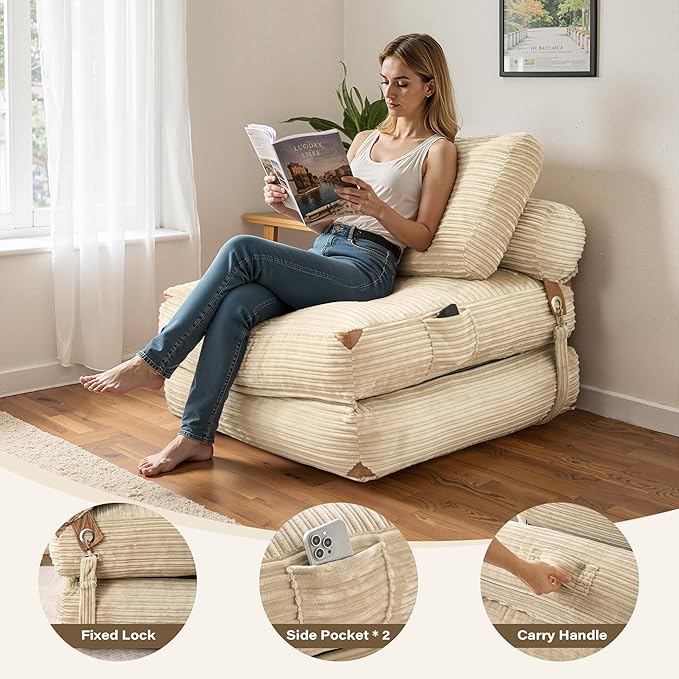 75''Foldable Sofa Bed,Beige Convertible Folding Sleeper Chair Bed,Foldable Single Sofa Foam Filling Couch with Pillow, Comfy Corduroy Lazy Floor Sofa for Small Room Living Room Bedroom Apartment