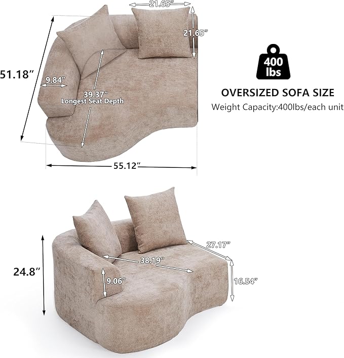 L Shaped Single Sofa, Modern Comfy Chenille Fabric Loveseat Couch, No Assembly Required Small Couch with Deep Seat, 2 Pillows for Living Room, Apartment, Bedroom
