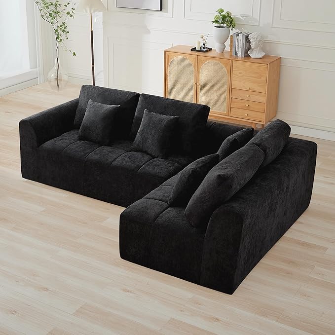 110''Modular Sectional Couches for Living Room, Cloud Boneless Compressed Sofa Right Facing Chaise, Oversized L Shaped 4 Seater Memory Foam Sofa, No Assembly, Chenille Black