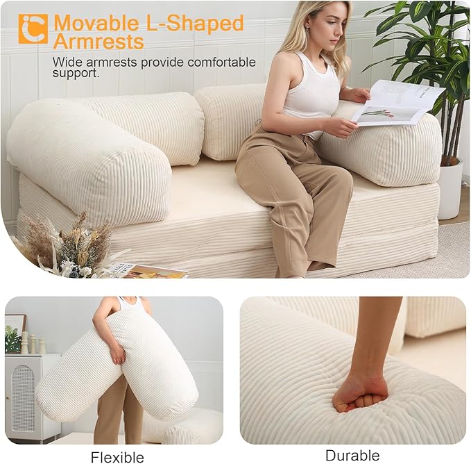 COMAX Futon Sofa Bed, 4-in-1 Floor Foldable Sofa Couch Bed with L-Shaped Armrests, Convertible Folding Chair Bed Sleeper Mattress Fold Out Lounge for Living Room Bedroom, Beige
