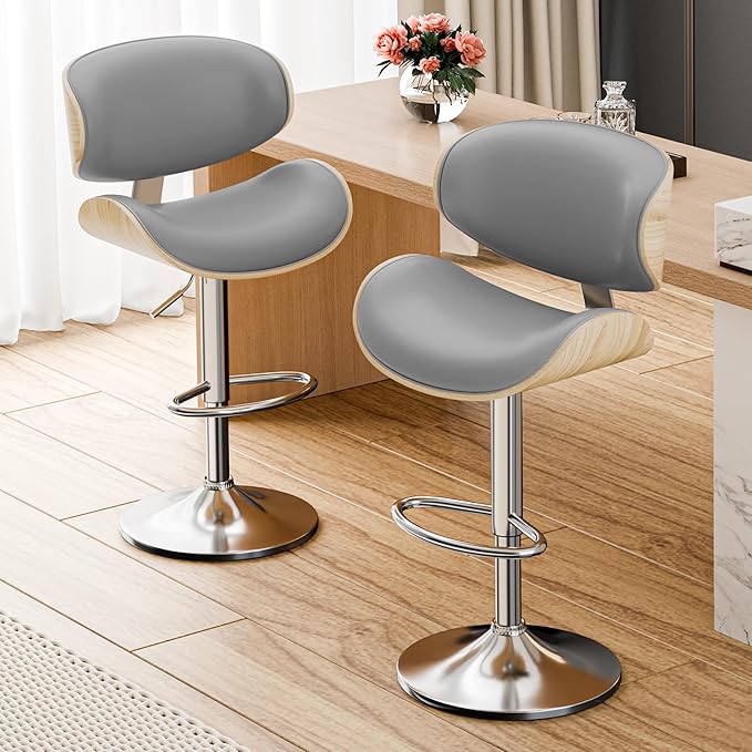 Aowos Bar Stools Set of 2, Adjustable Swivel Leather Bar Stools for Kitchen Island, Mid Century Modern Counter Height Bar Chairs Barstools with Back & Footrest (Grey)