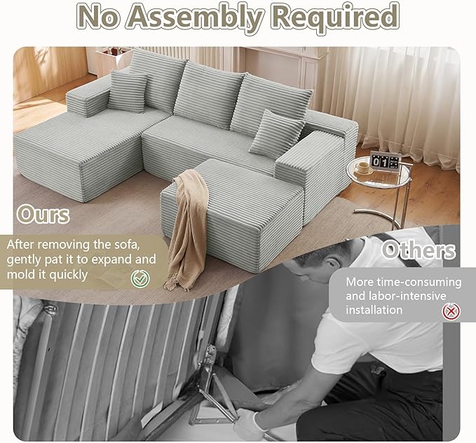 Lakifun 107" L-Shape Sofa with Ottoman, Modern Modular Sectional Comfy U-Shape Cloud Couch, Deep Seat, Upholstered Corduroy Sleeper Chaise Longue for Living Room Bedroom, No Assembly Required, Grey