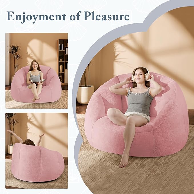 Giant Bean Bag Chair for Adults - Comfy Plush Round Shell Soft Accent Chair, Oversized Cozy Lounge Floor Sofa Reading Chair, Mini Couch for Living Room, Bedroom & Game Rooms, Dorm, Pink