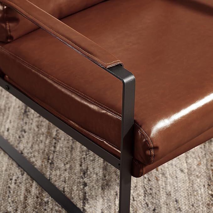 Volans Mid Century Modern Accent Chair with Arms for Living Room, Faux Leather Accent Chairs for Lounge, Metal Frame Armchair Reading Chair Single Sofa for Bedroom Office, Red Brown