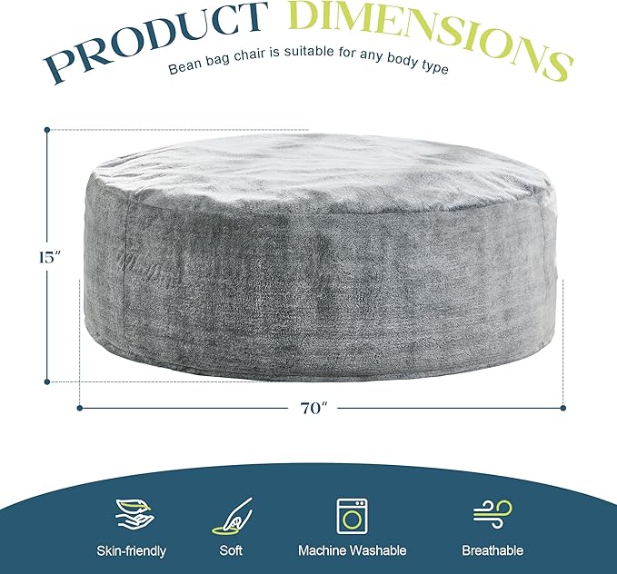Hobestluk Bean Bag Chairs Giant Beanbag Chair with Filler, Memory Foam Bean Bags with Fluffy & Machine Washable Cover, Bean Bag Chairs for Aduts for Living Room, Bedroom (Grey, 6FT - 70" x 70" x 15")