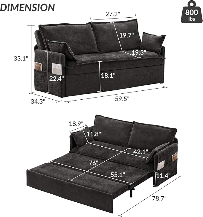 GRAINLLE Pull Out Couch,Loveseat Convertible Sleeper Sofa Bed with USB,Pull Out Sofa Bed Side Storage,2 Pillows,Corduroy Sleeper Couch for Living Room,Bedroom,Apartment,Pet-Friendly(Black, 59.5'')
