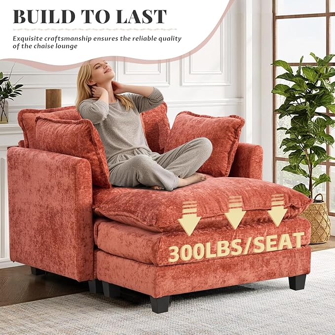 SoarFlash Chenille Sectional Sofa, Comfy Modular Single Sofa with Ottoman, Modern Recliner Deep Seat Sofa Set for Living Room,Orange
