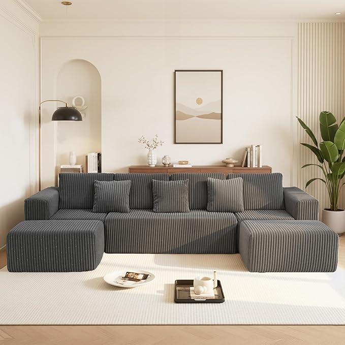 132" U Shaped Modular Sofa, 4-Seater Sectional Cloud Couch with Chaise, Soft Corduroy Boneless for Living Room, No Assembly Required, Free Configuration,Grey