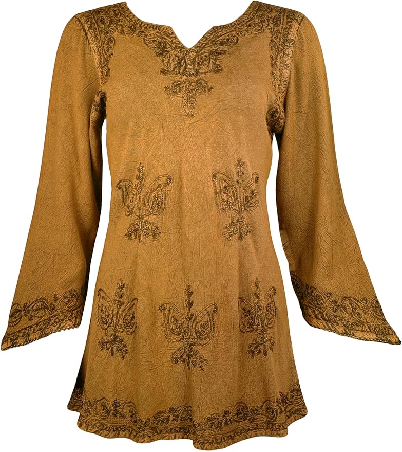 Agan Traders 2025 Winter Long Sleeve Diamond Neck Embroidered Tops - Medieval Boho Vintage Tunic Kurta Blouses for Women