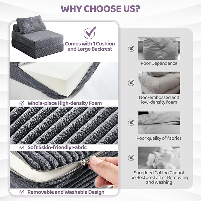 Folding Chair Bed, Convertible Sofa Bed with Backrest and Pillows,Fold Out Chair Bed with High-Density Foam, Perfect for Living Room 、Bedroom、Balcony 、Hotel 、Apartment ， Single, Dark Gray