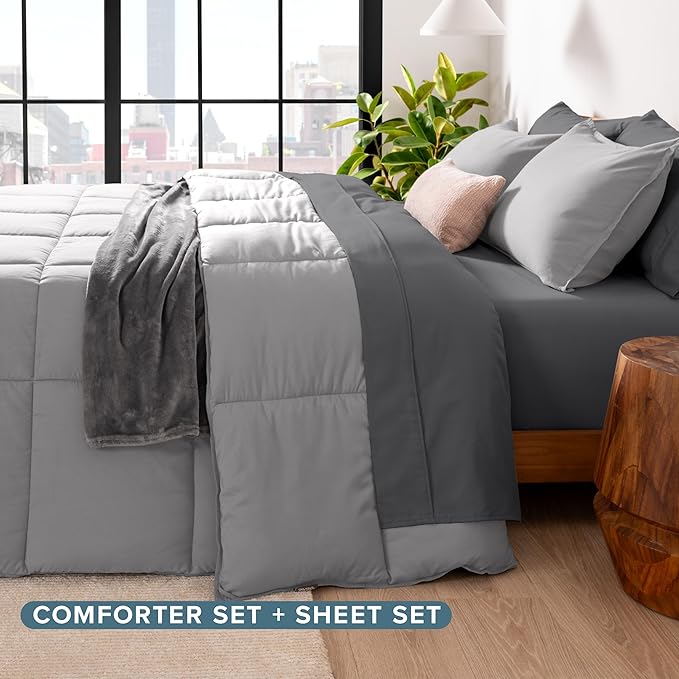 Bare Home Bed-in-A-Bag 5 Piece Comforter & Sheet Set - Twin - Goose Down Alternative - Ultra-Soft 1800 Premium Bed Set (Twin, Light Grey/Grey)