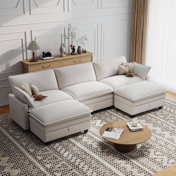 Modular Sectional U Shaped Sofa Couches with Storage Ottoman, Cloud Couch for Living Room, Comfy Sofa with Pillow, White