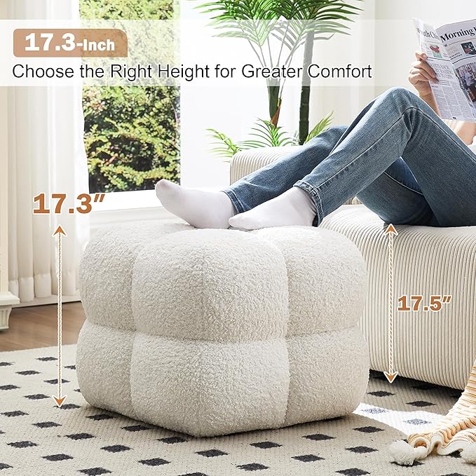 Zesthouse Square Pouf Ottoman, Modern Ottoman Coffee Table for Living Room, Fuzzy Sherpa Couch Foot Rest, Upholstered Tufted Cube Stool for Couch, White