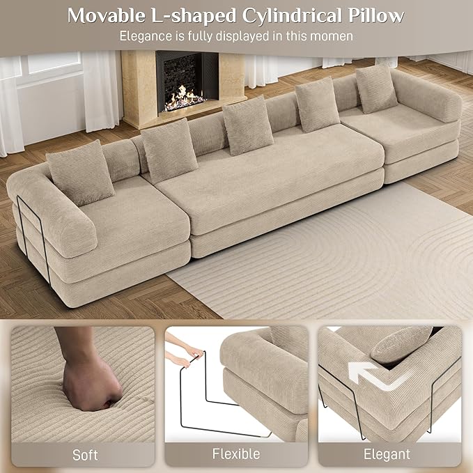 DAMAIFROM 157" Convertible Sleeper Sofa Bed Set with Pillow, 4-in-1 Corduroy Folding Mattress Boneless Couch with Fixed-Shape Frame, Fold Out Floor Sofa Cama Lounge Couch for Living Room, Light Brown