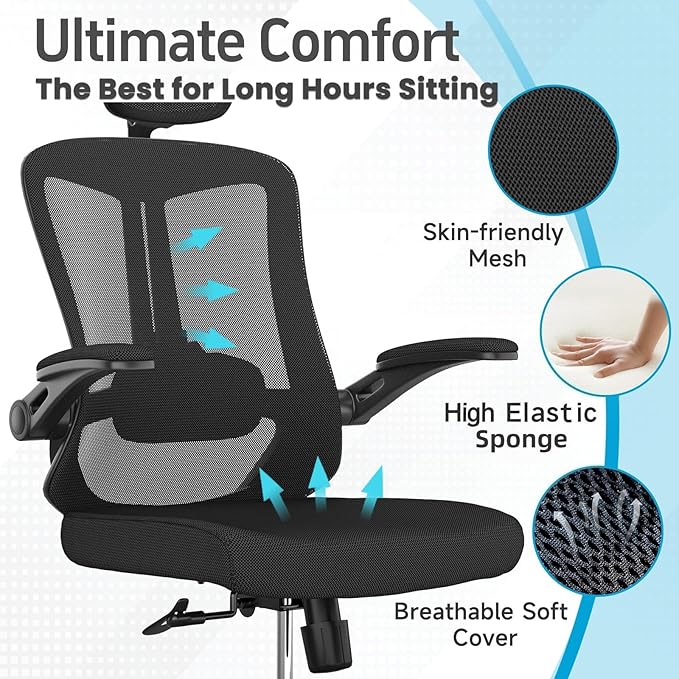 Ergonomic Office Chair - 400LB Comfy Desk Chairs with Adjustable Headrest and Lumbar Back Support, Mesh Computer Chairs with Wheels and Arms for Home Office, Study (Black-with Headrest)