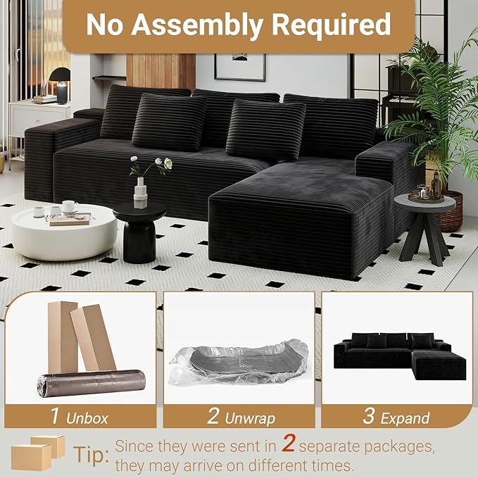KAPEETOO Cloud Modular Sectional Sofa with Chaise Longue, Giant L Shaped Sectional Couch with Deep Seat, Oversize 3-Seater Boneless Couch for Living Room Bedroom Right Facing Chaise (Black)