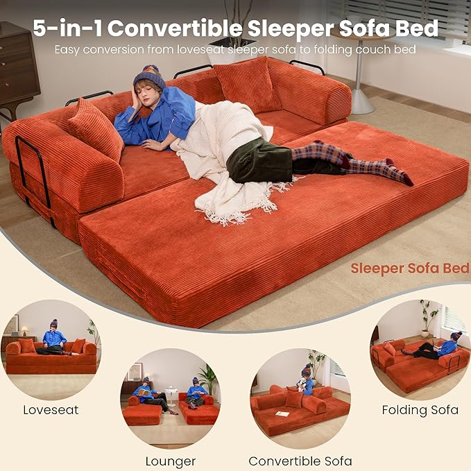 79" Convertible Sofa Bed, Boneless Corduroy Sleeper Foldable Modular Couch, Memory Foam Compressed Sofa in A Box, Folding Mattress Floor Couch for Small Space Living Room Apartment Bedroom, Orange