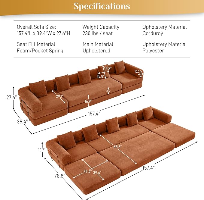 DAMAIFROM 157" Convertible Sleeper Sofa Bed Set with Pillow, 4-in-1 Corduroy Folding Mattress Boneless Couch with Fixed-Shape Frame, Fold Out Floor Sofa Cama Lounge Couch for Living Room, Orange