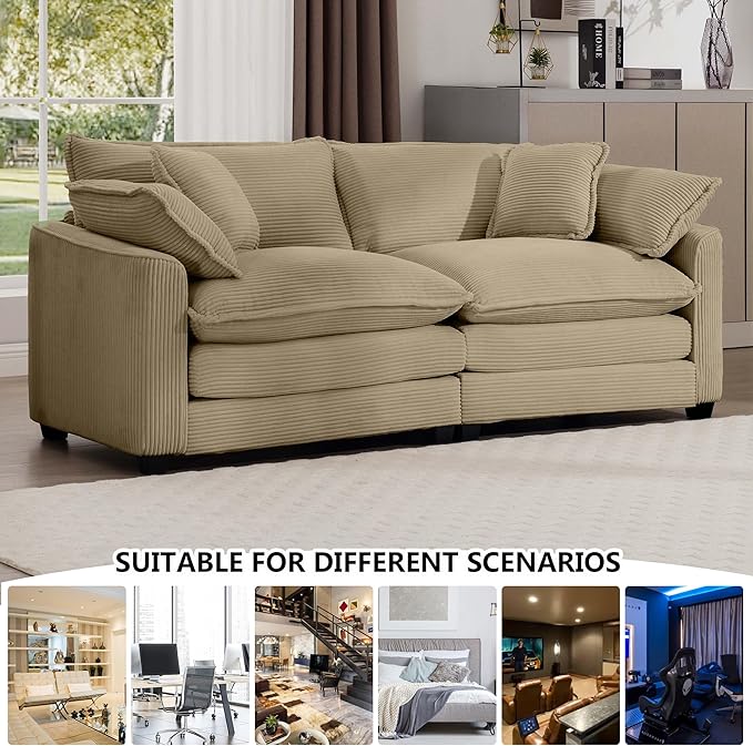 Aoowow Corduroy Loveseat Couch,Modern 2 Seater Cloud Couches for Living Room,Modular Sectional Cloud Sofas with Deep Seat,Large Love Seat for Small Spaces,Apartment,Office. (Tan, 2 Seater)