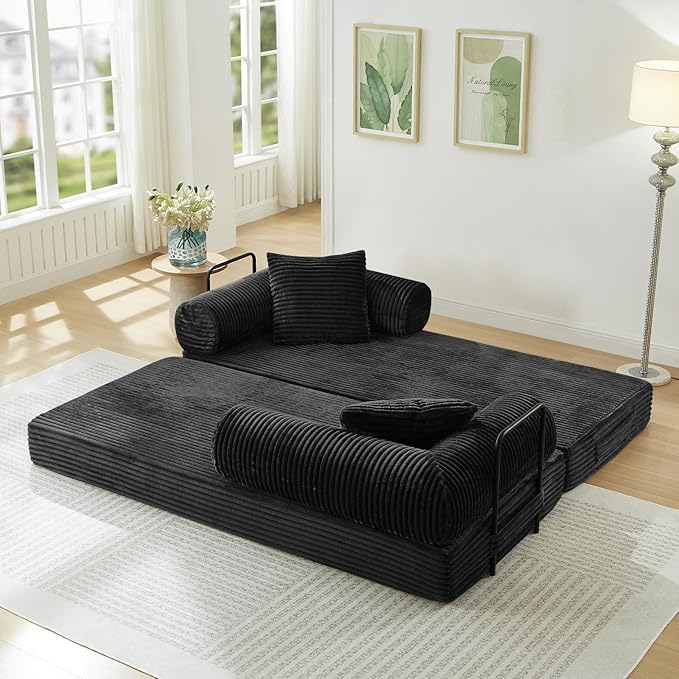 Modular Couch Bed, Convertible Folding Plush Corduroy Comfy Floor Memory Foam Compression Loveseat Sleeper Sofa Couch, King Size Bed for Guest Room Living Room Bedroom, No Assembly Required, Black