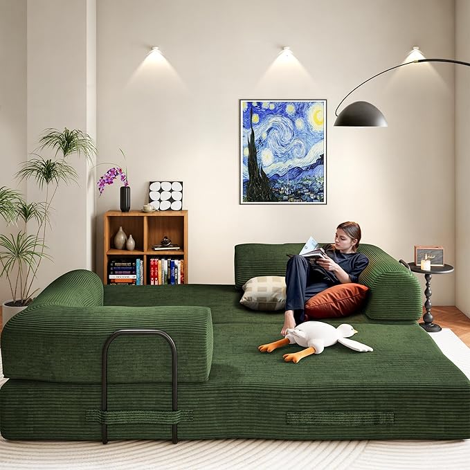 79" Convertible Sofa Bed, Boneless Corduroy Sleeper Foldable Modular Couch, Memory Foam Compressed Sofa in A Box, Folding Mattress Floor Couch for Small Space Living Room Apartment Bedroom, Green