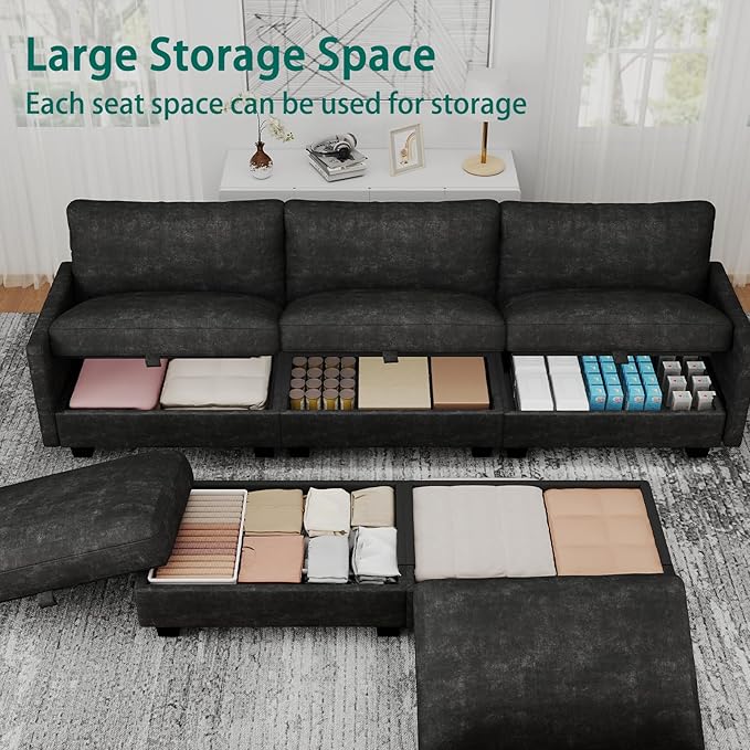 Modular Sectional U Shaped Sofa Couches for Living Room, Cloud Couch with Storage Ottoman, Comfy Chenille Sofa with Pillow, Black