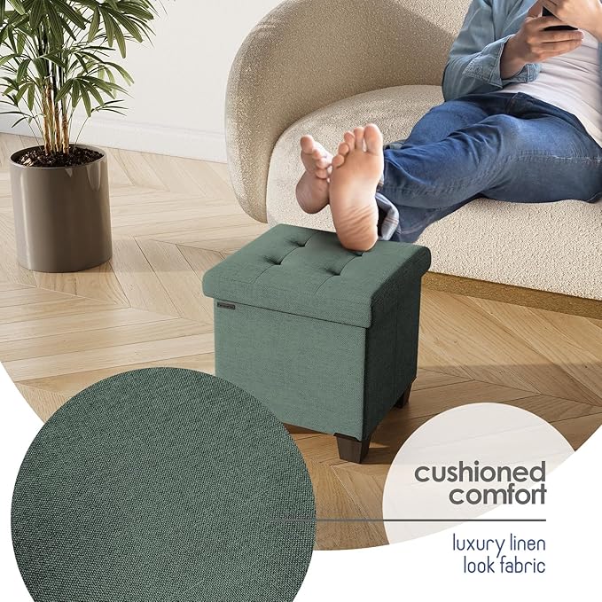 Storage Ottoman Cube with Small Bin, 16-in Square Ottoman with Storage for Living Room and Bedroom, Small Ottomans Foot Rest, Fabric Foot Stools Ottomans Max 330lbs, Green