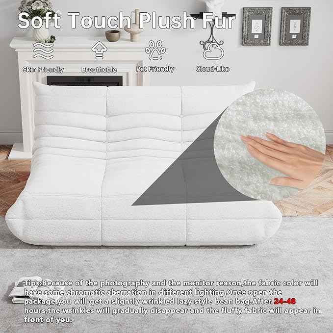 Bean Bag Chairs for Adults, BeanBag Reading Chair Memory Foam Couch 3-Seater, Floor Chair Soft Teddy Material, Comfy Reading Nook Chairs for Bedroom Living Room Office (White)