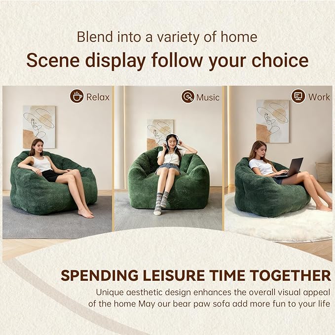 Giant Bean Bag Chair for Adults and Kids Oversized Faux Fur Shell-Shaped BonelessBeanBag Couch Filler with Memory FoamStuffed Big Accent Sofa for Living Room, Bedroom & Dorm (Green)