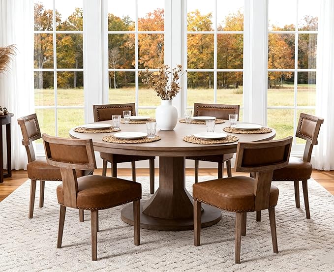 RIVOVA Mid Century Modern Dining Chairs Set of 6, Farmhouse Dining Chairs with Nailhead Trim, Faux Leather Upholstered Dining Room Chairs Kitchen Chairs with Wood Legs, Brown