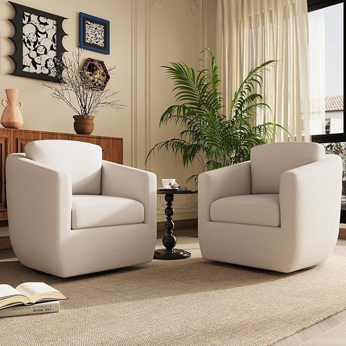 MALOL 360° Swivel Accent Chair Set of 2 with Pillow - Comfy Living Room Armchair No-Sag Foam & Sturdy Metal Base, Fully Assembled Swivel Accent Single Sofa for Bedroom Living Room, Office, Beige