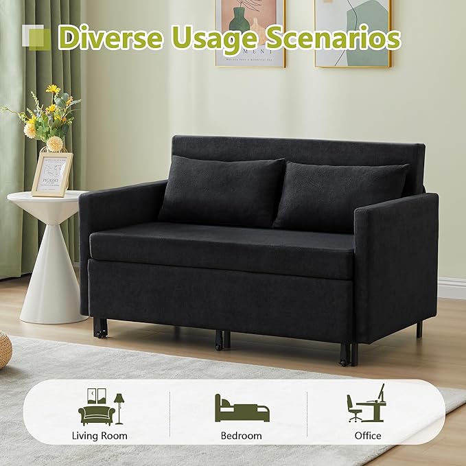 QHITTY Pull Out Couch Bed, 2-in-1 Sleeper Sofa Small Loveseat Bed with Hidden Side Table and Iron Frame for Living Room, Small Space, Apartment (Black)