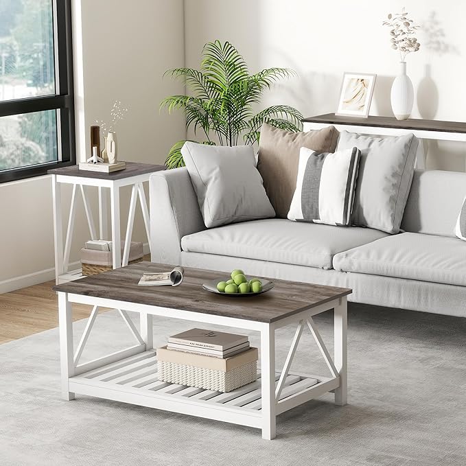 UYIHOME Farmhouse Coffee Table, White Oak Coffee Table for Living Room, 2-Tier Rectangular Wooden Centre Cocktail Table with Slats Shelf Storage and V-Shaped Frame Modern Coffee Oak Grey