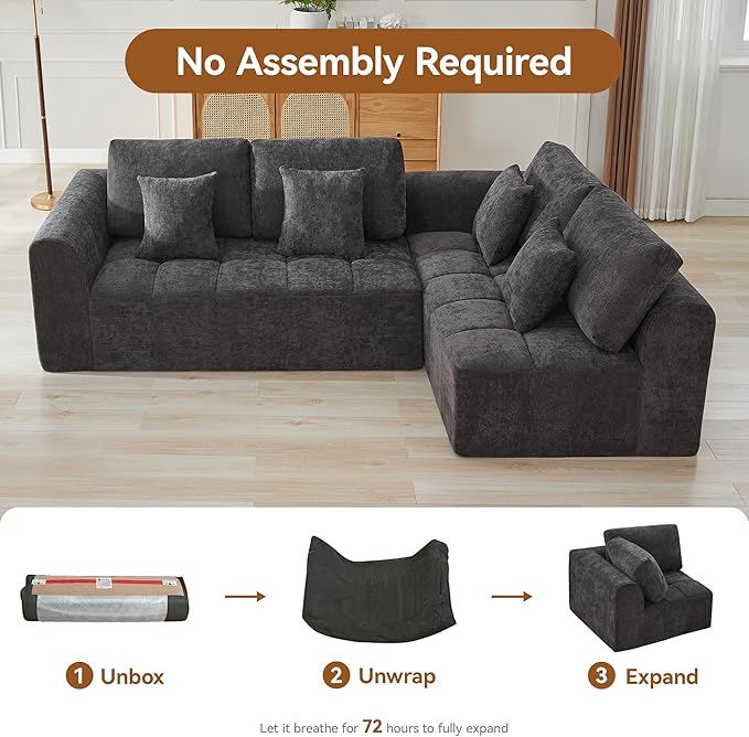 110''Modular Sectional Couches for Living Room, Cloud Boneless Compressed Sofa Right Facing Chaise, Oversized L Shaped 4 Seater Memory Foam Sofa, No Assembly, Chenille Grey