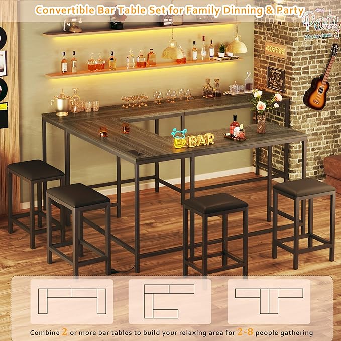 Bar Table and Chairs Set for 2-4, 63'' Convertible L-Shaped Kitchen Table with Power Outlets, 3 Piece Counter Height Small Dining Table with 2 Stools, Space Saving, Breakfast Nook Corner, Grey Oak