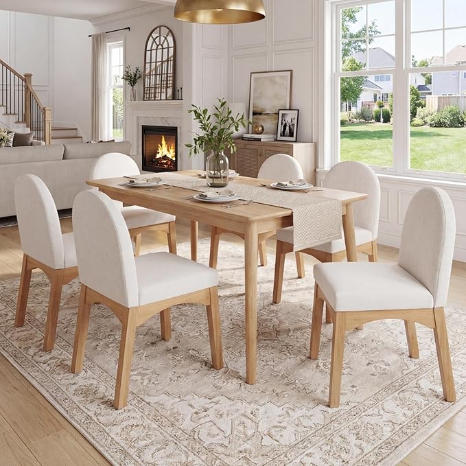 HNY Mid Century Modern Dining Chairs Set of 2, Linen Fabric Upholstered Dining Room Chairs Armless Kitchen Chairs with Solid Rubberwood Legs, Accent Side Chairs for Living Room, Beige