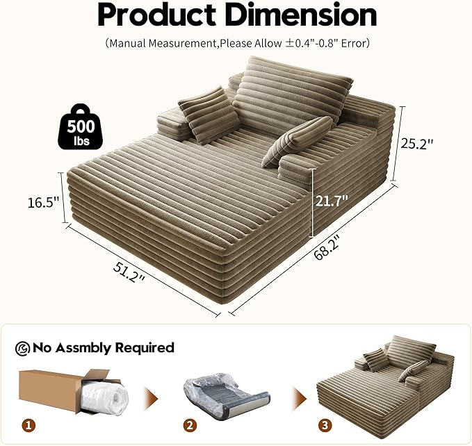 Oversized Chaise Lounge Chair Indoor,51"W Upholstered Sofa Bed,No Assembly Required,Fluffy Plush Modern Single Sleeper Couch Reading Chairs Corduroy Cloud Sofas Couches for Living Room, Bedroom,Camel