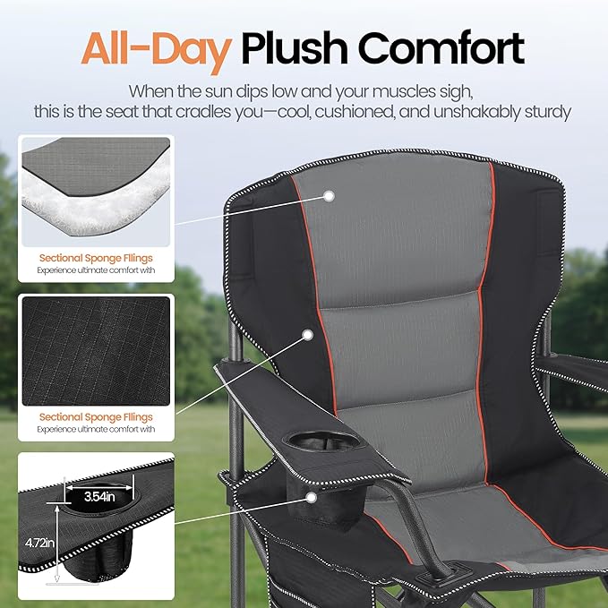 WEIDIORME 2 Pack Heavy Duty Oversized Camping Chair for Adults 400lbs w/Lumbar Support - Folding Chairs with Side Pocket, Cup Holder & Cooler Bag for Beach, Fishing, Lawn, Backyard Black