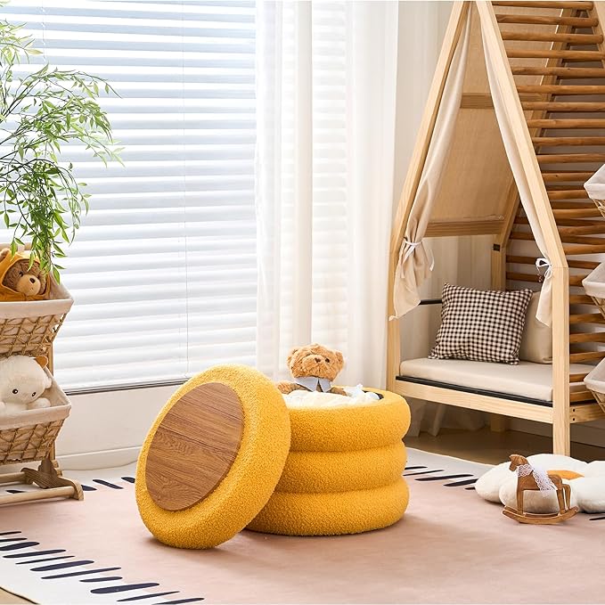 Wimarsbon Round Storage Ottoman, Modern Sherpa Footstool, Teddy Vanity Stool with Flip-Top Tray, Makeup Chair for Home Decor, Upholstered Footrest for Living Room & Bedroom (Yellow)