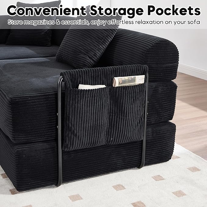 L Shape Convertible Sofa Bed with Cylindrical Pillow and Storage Pocket, Convertible Sofa Couch Bed with Support Frame for Living Room Bedroom Children Room-Black