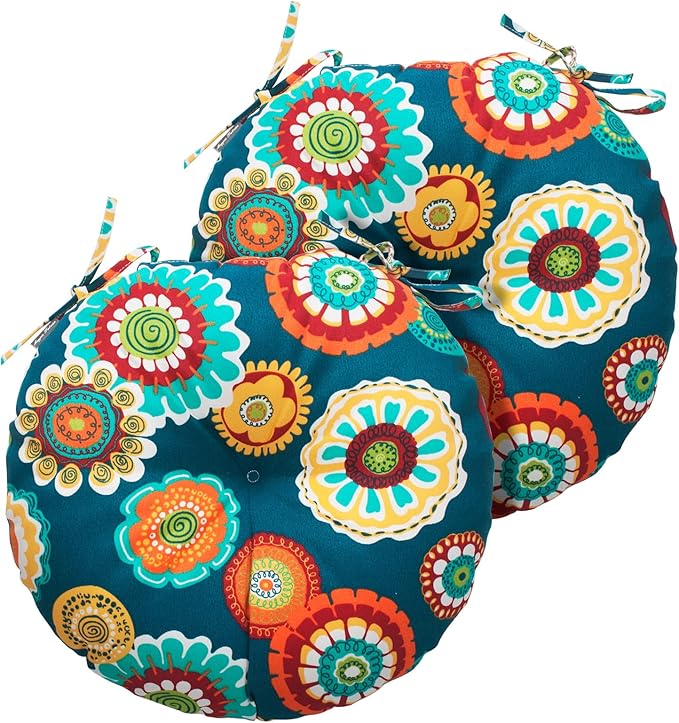 Magpie Fabrics Outdoor Round Bistro Seat Cushions with Ties, 15"x15"x4" Set of 2, Tufted Waterproof Barstool Chair Pads for Patio Home Garden Office, Floral Green