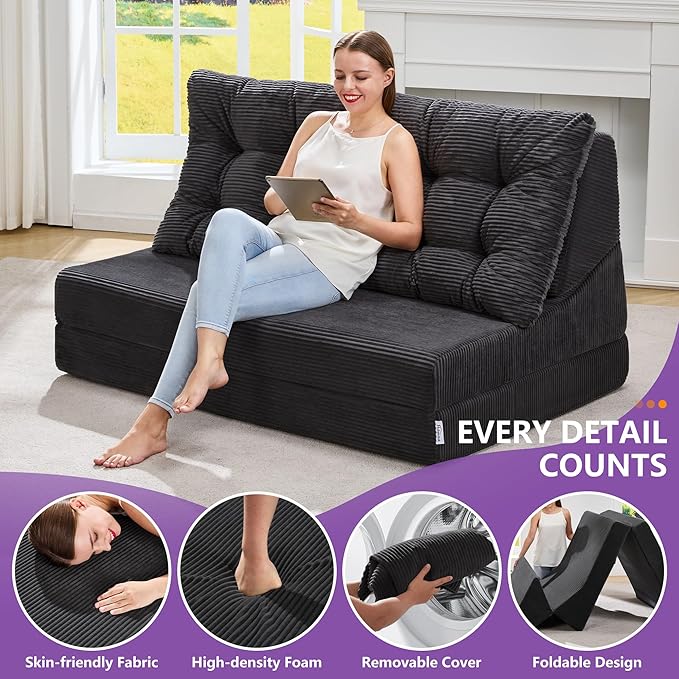 Hobestluk Sofa Couch Folding Sofa Bed Sleeper Comfy Floor Lounger Loveseat Sofa with Removable Cushion Couches Foldable Mattress for Living Room Bedroom or Office (Cordury Black, Oversize)