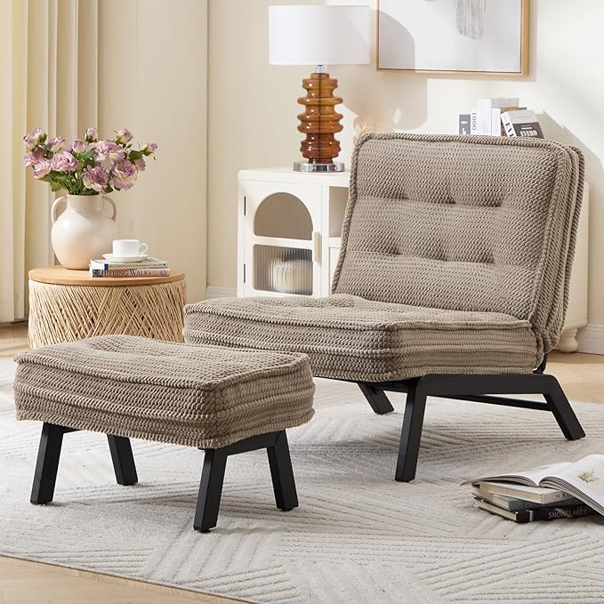 ANJ Accent Chair with Ottoman Adjustable Backrest, Living Room Chair Tufted Upholstered Lounge Chair with Footrest Set, Modern Chair Cozy Reclining Chair for Reading Room Bedroom