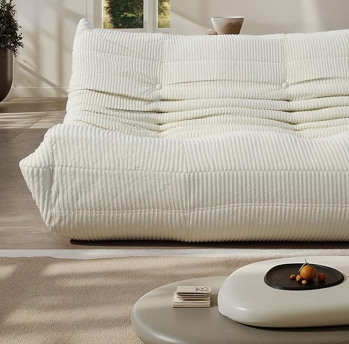 Fireside Loveseat Mid-Century Armless Sofa — Twin-Size Floor Lounger in Soft Premium Corduroy, Foam-Filled Accent Chair for Living Room or Bedroom (Ivory, Three Seater)