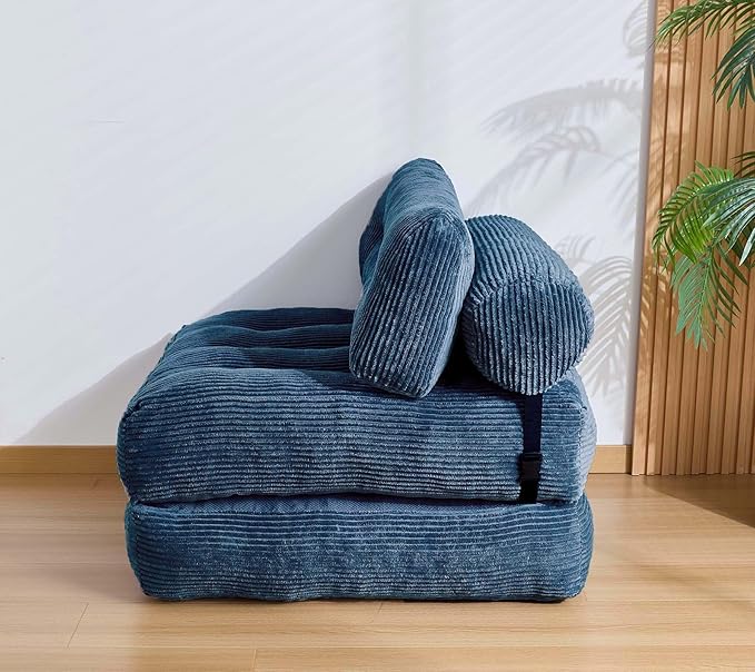 Kisoy Folding Sofa Bed, Convertible Sleeper Chair Couch Bed Faux Rabbit Fur for Adults, with Back Support Floor Couch Comfy Floor Sofa for Living Room Bedroom, Blue, Single