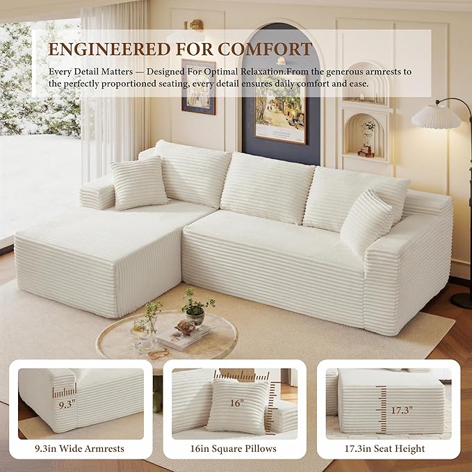 105" Sectional Couches for Living Room Cloud Couch Sofa with L-Shape Upholstered Boneless Couchs Modern Modular Sectional Couch with Chaise (White, 105" W+Left Facing Chaise+2Seaters)
